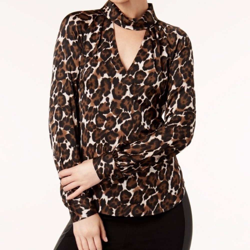 NWT Trina Turk Choker Animal Print Long Sleeve Silk Top